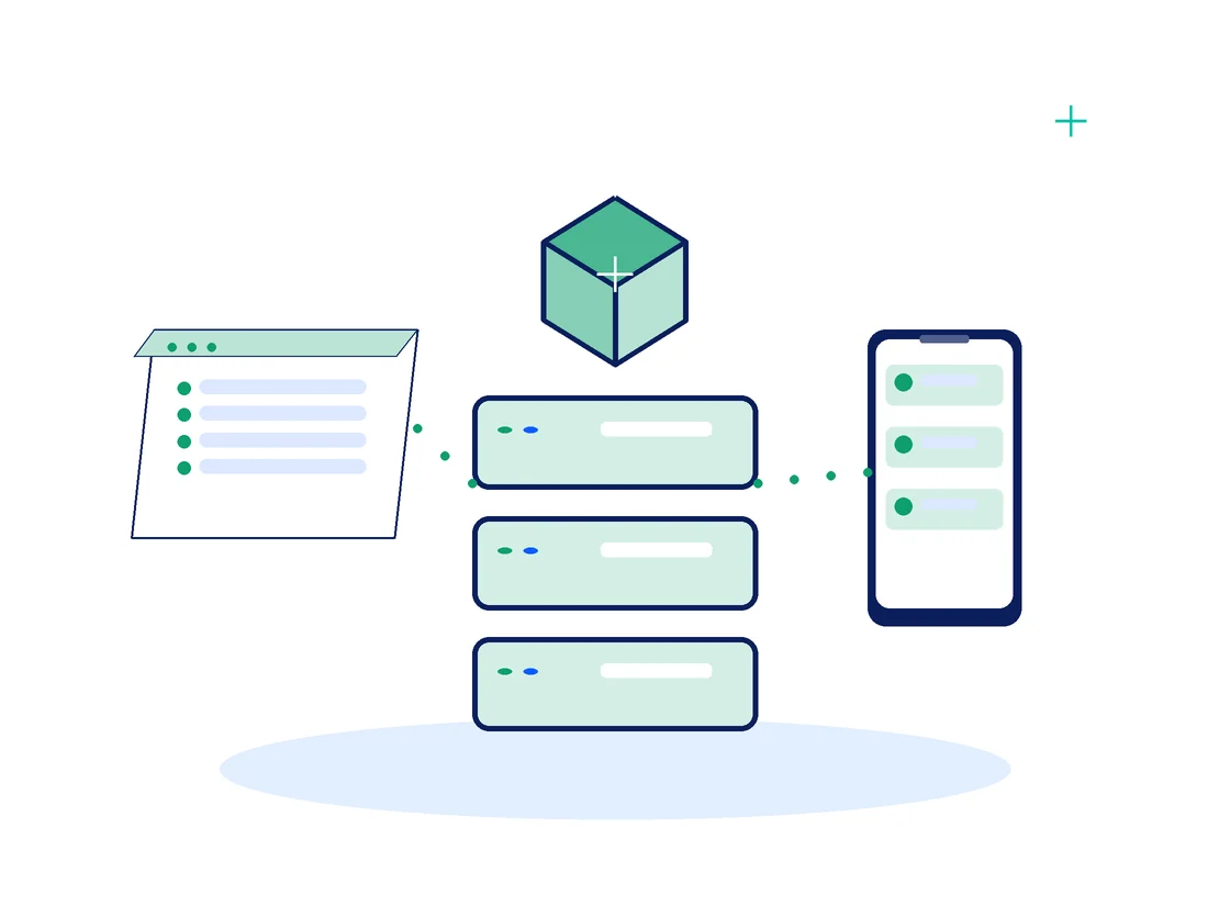 Illustration of a software product being deployed to a server for a business