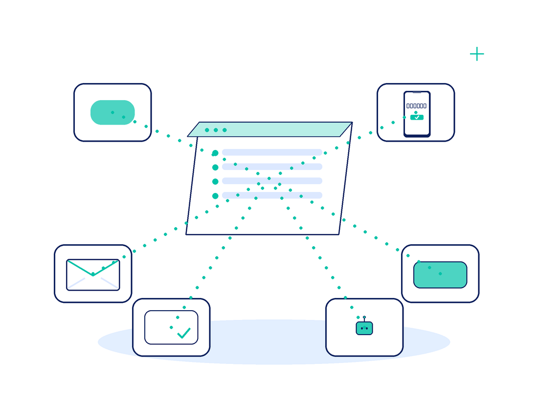 Illustration of software connected to WhatsApp, SMS, email, payments and verification